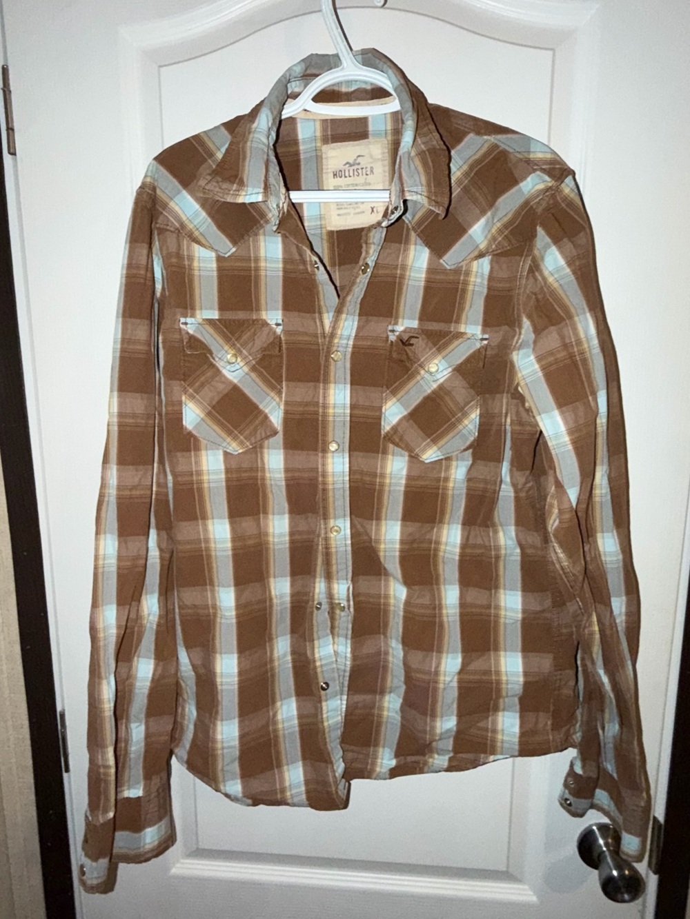 Hollister Brown and Light Blue Plaid Button-Up Shirt